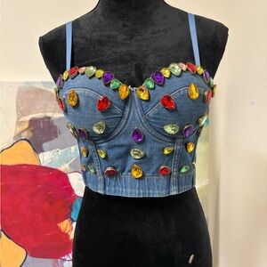 Embellished Denim Bustier Top